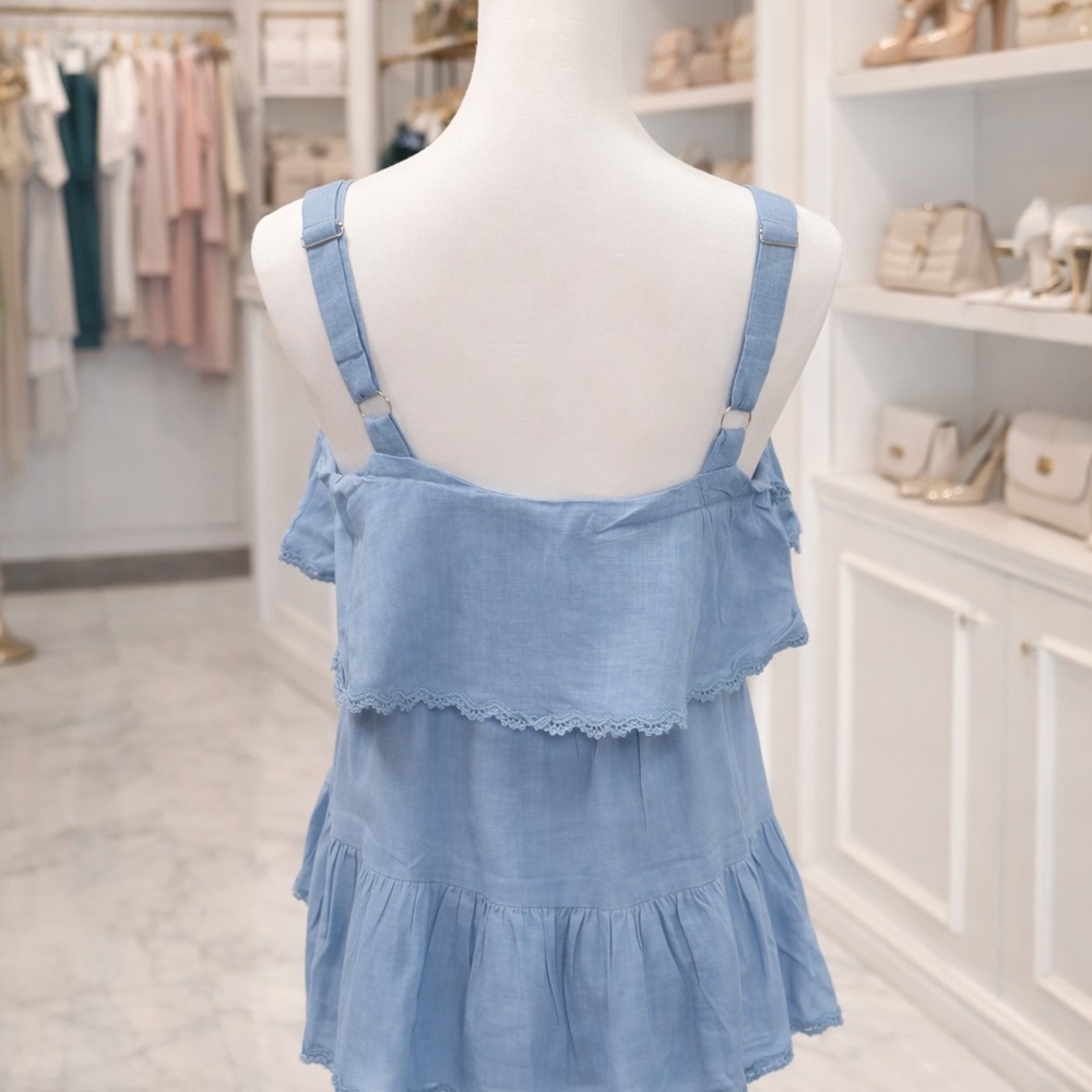 White Birch Linen Blend Tiered Ruffle Tank Lace Trim Adjustable Straps Boutique - Picture 2 of 2